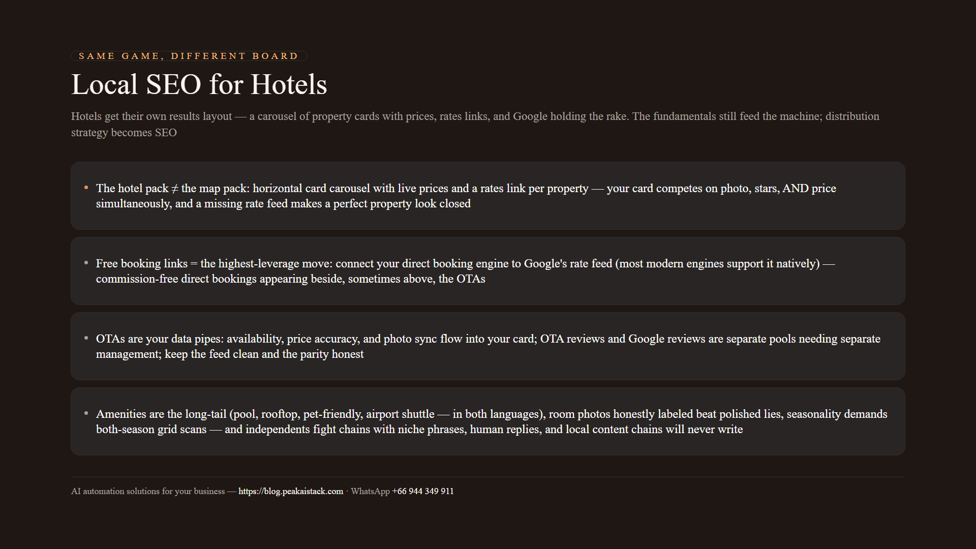 Diagram of hotel local SEO: the hotel-pack layout, free booking links, the OTA data pipes, and the independent-vs-chain playbook