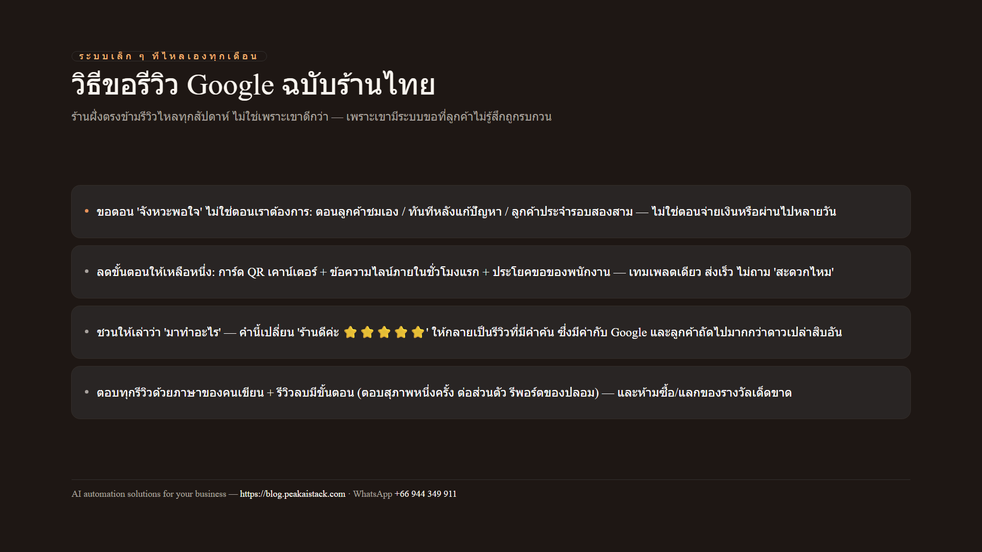 แผนภาพสรุป: ระบบขอรีวิว Google — จังหวะขอ ช่องทาง วิธีชวนเล่า และการตอบทุกรีวิว