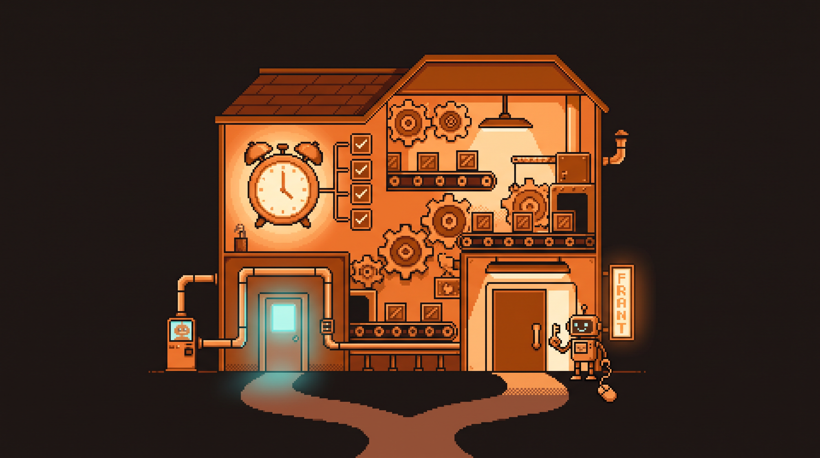 Pixel art of a building with a small glowing back door for API automation and a front door where a robot agent waits with a key and mouse