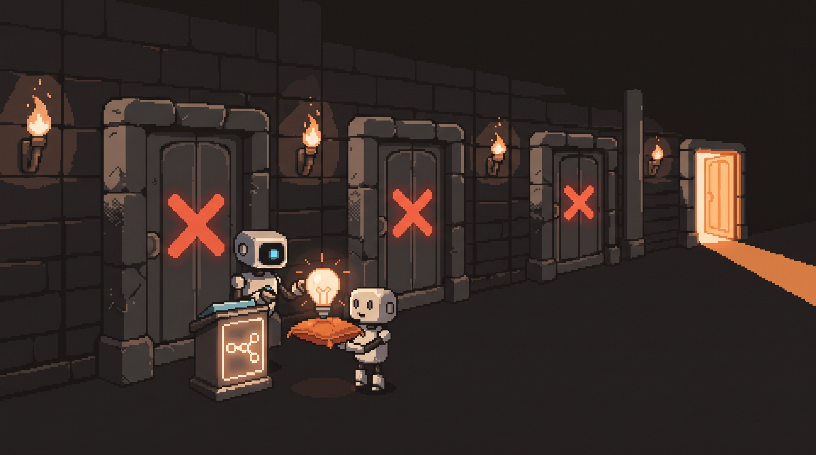 Pixel art robot gatekeeper inspecting a glowing idea orb at a four-door checkpoint gate, n8n chain-knot logo on the control pedestal