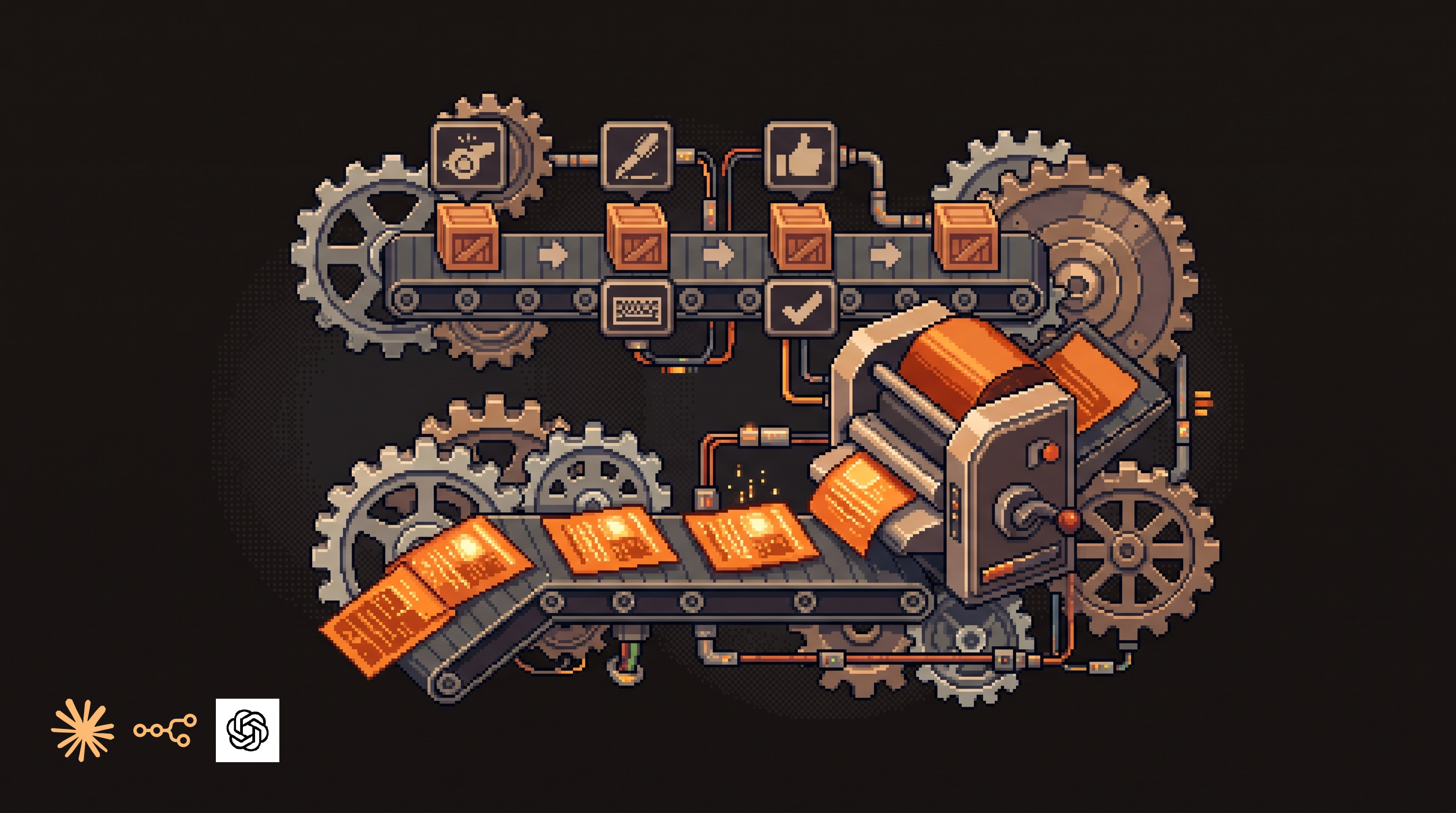 Pixel art hero illustration — gears and conveyor belts moving small pixel crates and a printing press stamping out warm pixel pages (artwork for "Build an AI Social Media Content Pipeline")