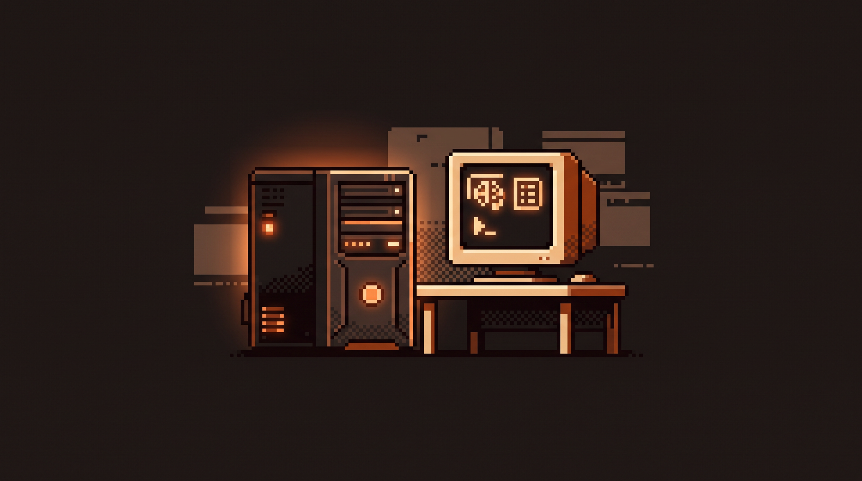 Pixel art hero illustration — a local server tower with warm glowing LEDs beside a retro terminal screen (artwork for "Build an AI Test-Prep Question Generator With Ollama")
