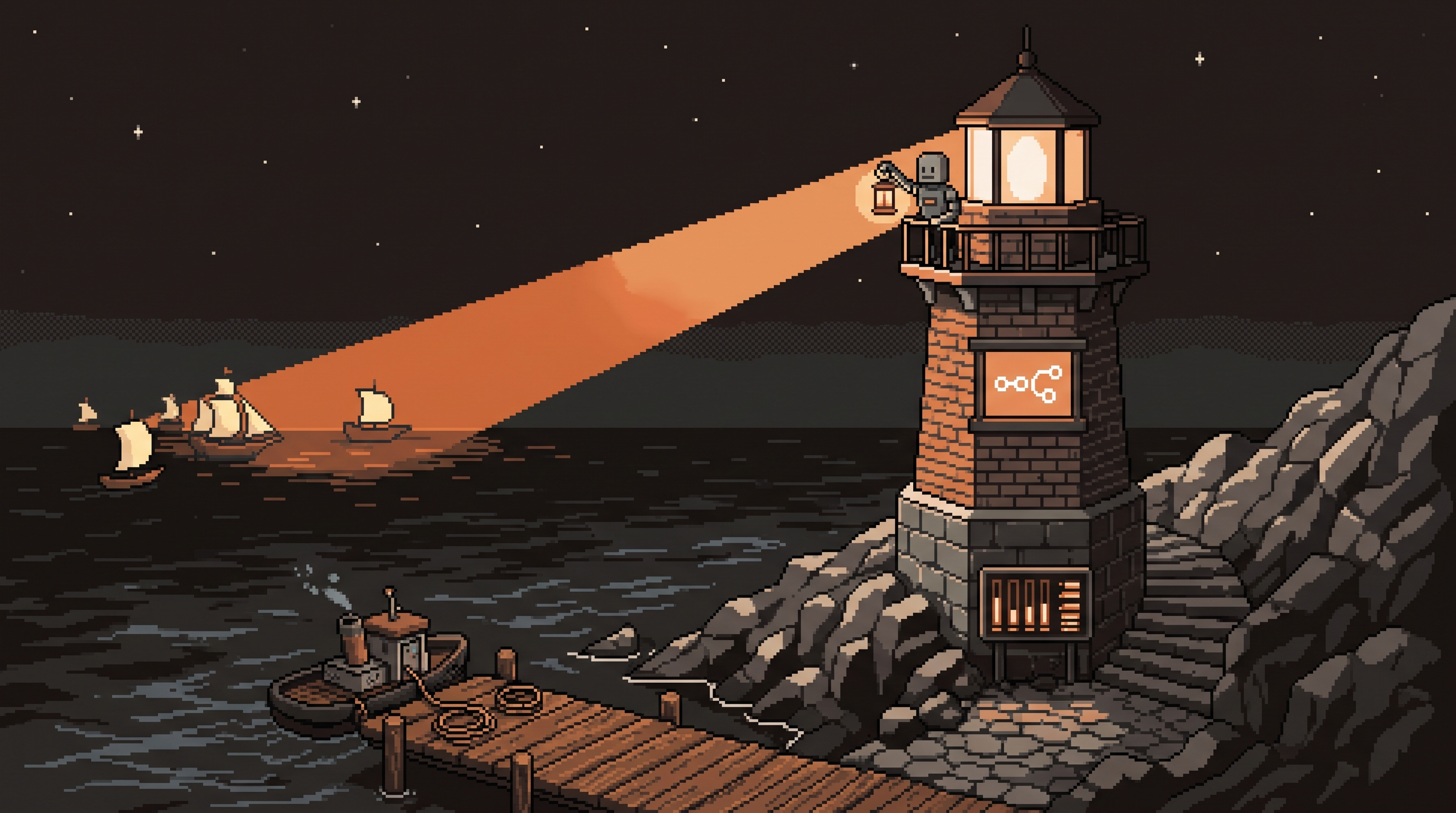 Pixel art lighthouse keeper robot guiding ships with a steady ember beam while an exhausted tugboat robot rests unused at the dock, n8n chain-knot logo on the watch-room terminal