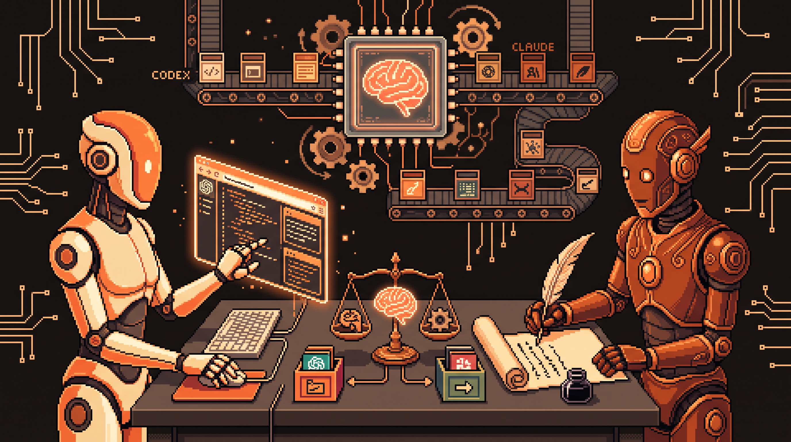 Pixel art hero illustration - two robot assistants facing off across a workbench, one holding a browser window and one holding a quill and scroll, with a balance scale between them, in warm ember and charcoal tones