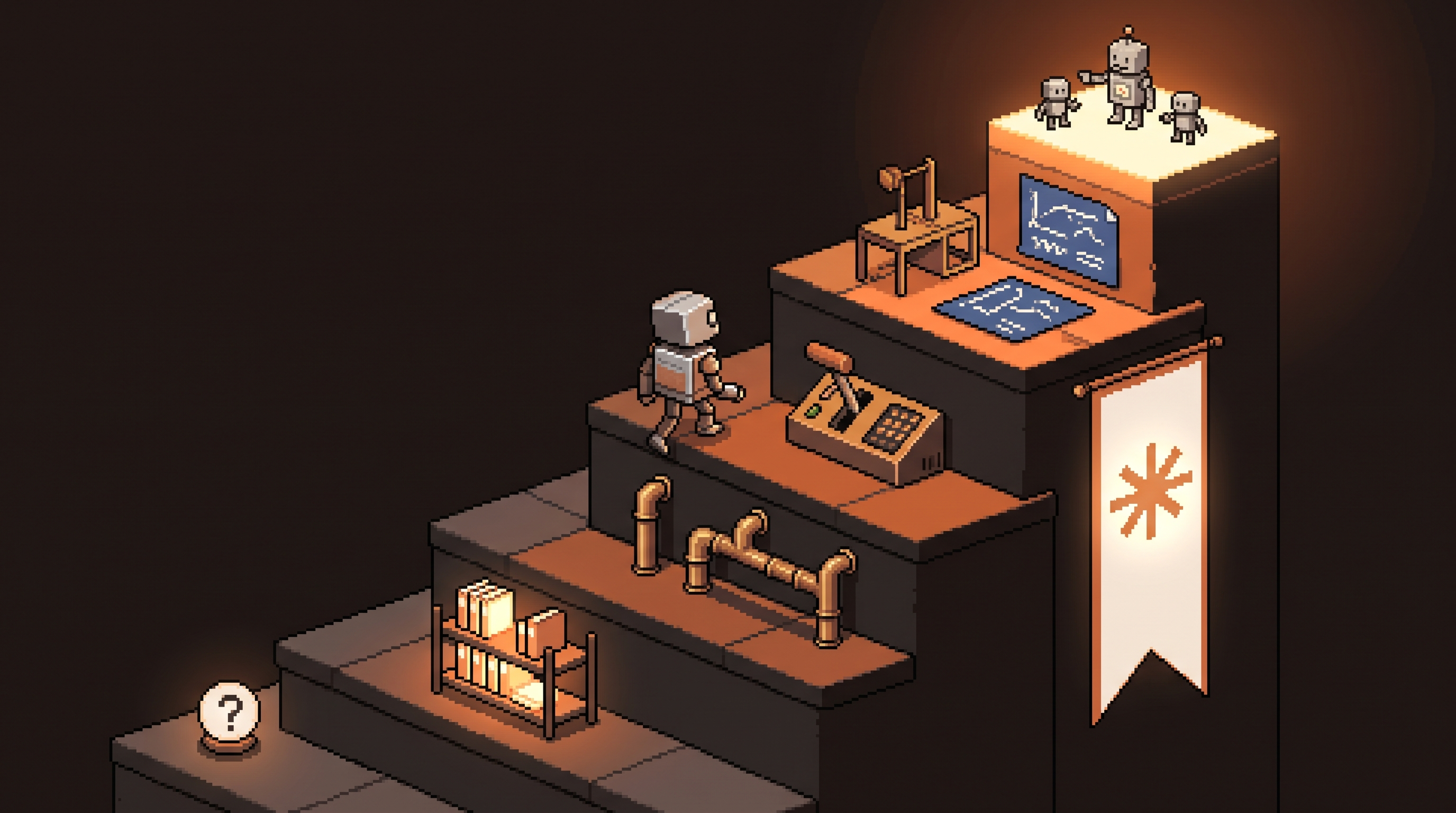 Pixel art robot climbing a six-tier ziggurat tower from a question orb to a summit where a manager robot directs tiny workers, Claude asterisk-star logo glowing on a tier banner