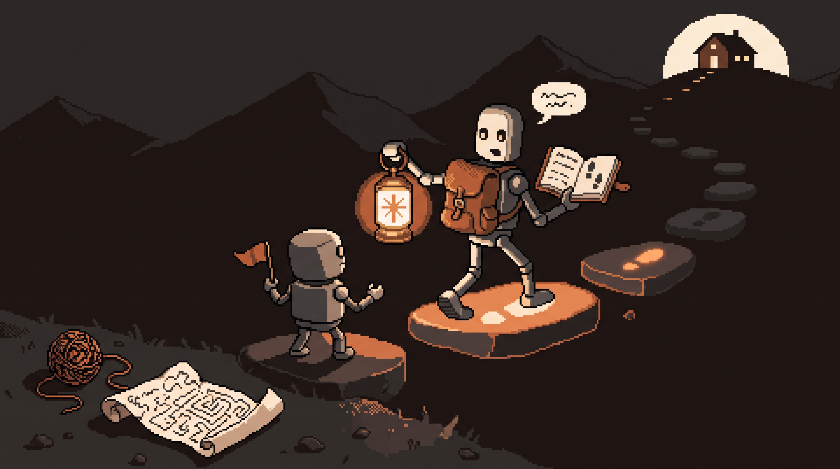 Pixel art guide robot with a brass lantern and leather guidebook leading a client robot up floating stepping stones that light one step at a time, crumpled all-steps map discarded below, Claude asterisk-star logo glowing inside the lantern