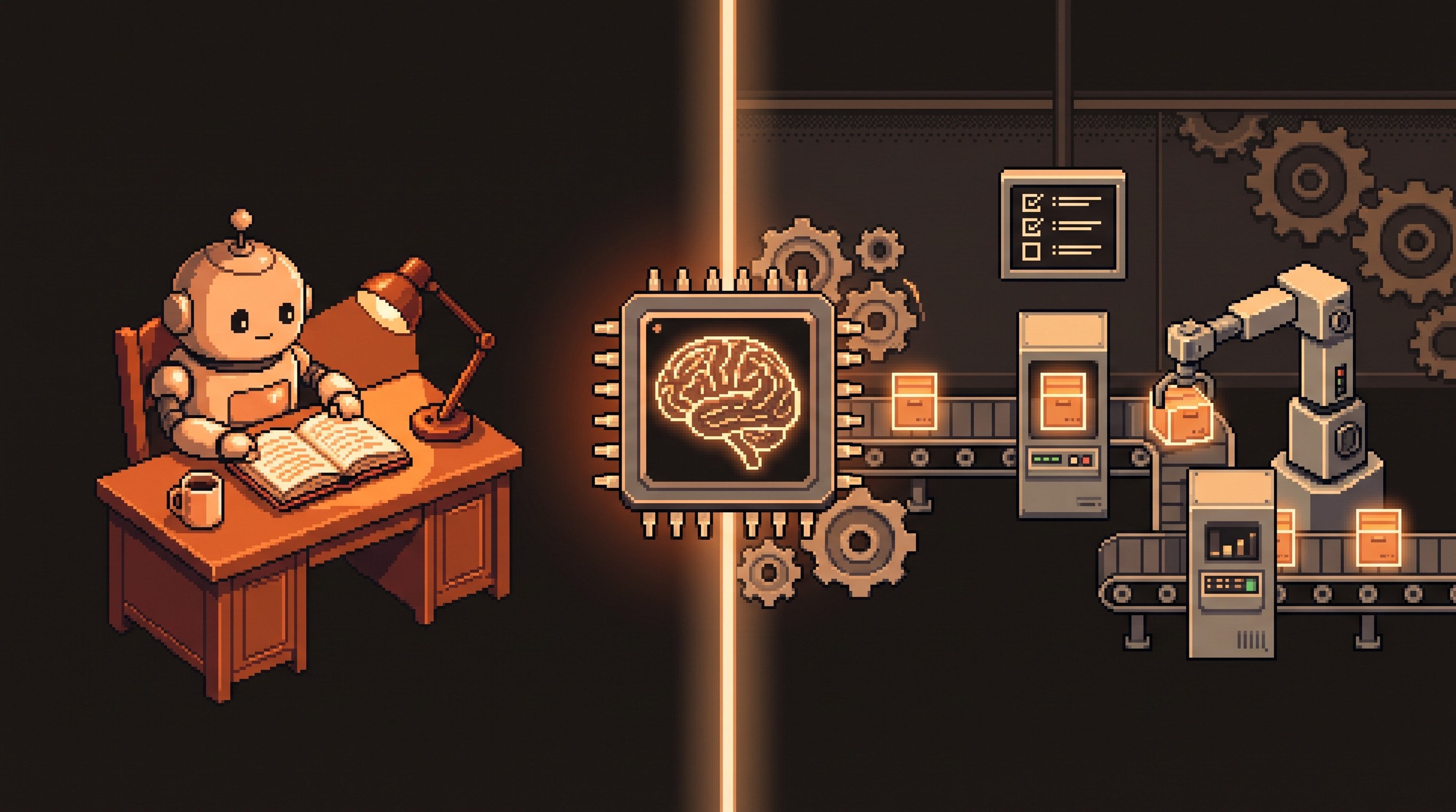 Pixel art diptych: a cozy study with a robot partner at a desk on the left, a tidy factory floor with conveyor and gears on the right