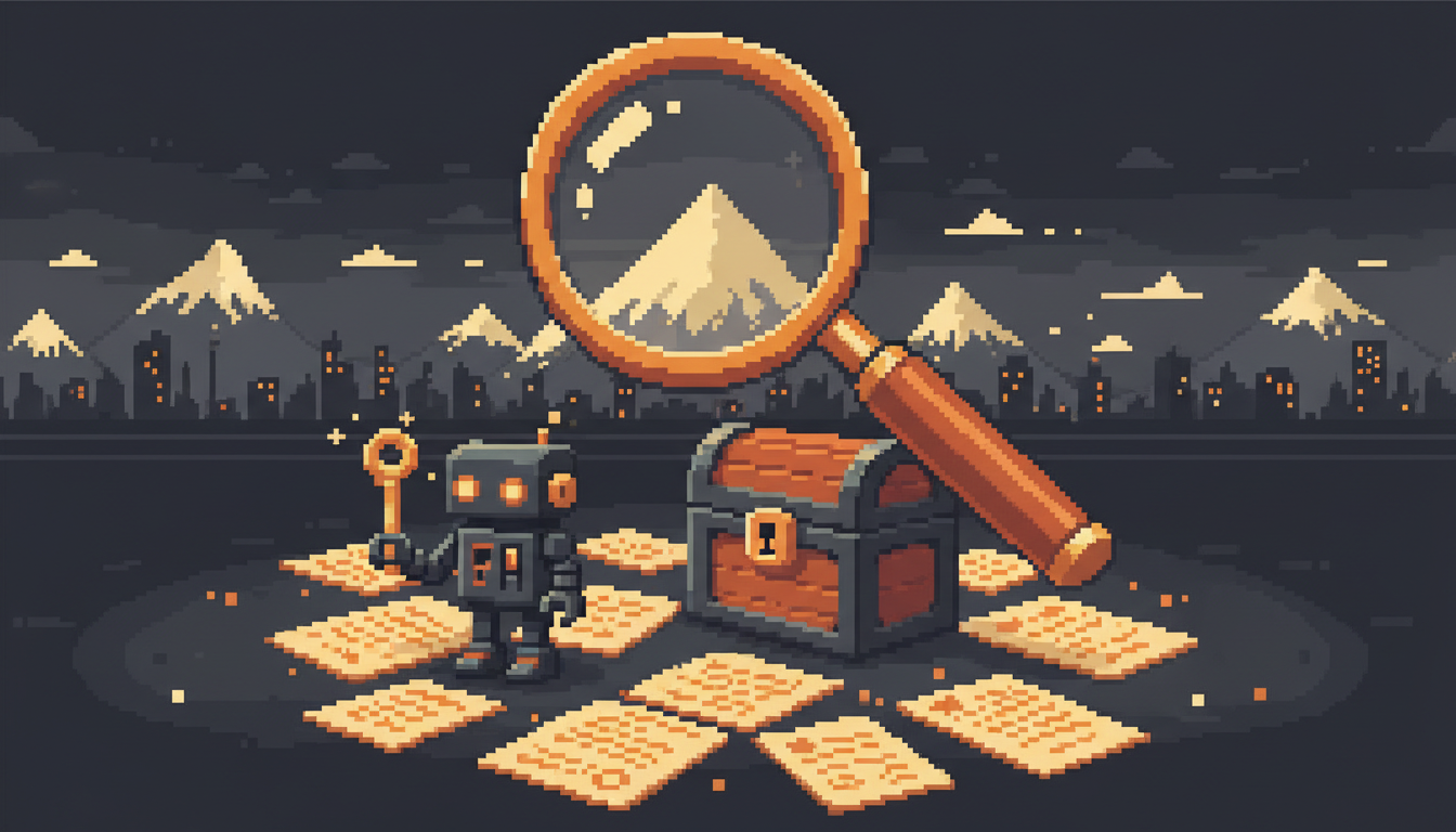 Pixel art hero illustration — a magnifying glass hovering over scattered pixel documents and a padlocked treasure chest with a key held by a robot (artwork for "Local SEO คลินิก: คนไข้หาหมอที่เขาไว้ใจได้อย่างไร")