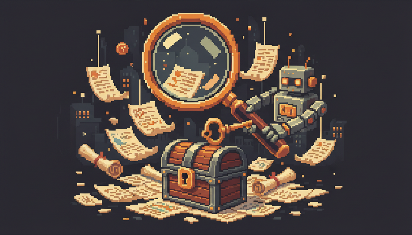 Pixel art hero illustration — a magnifying glass hovering over scattered pixel documents and a padlocked treasure chest with a key held by a robot (artwork for "The Local SEO Mistakes That Keep Bangkok Shops Invisible")