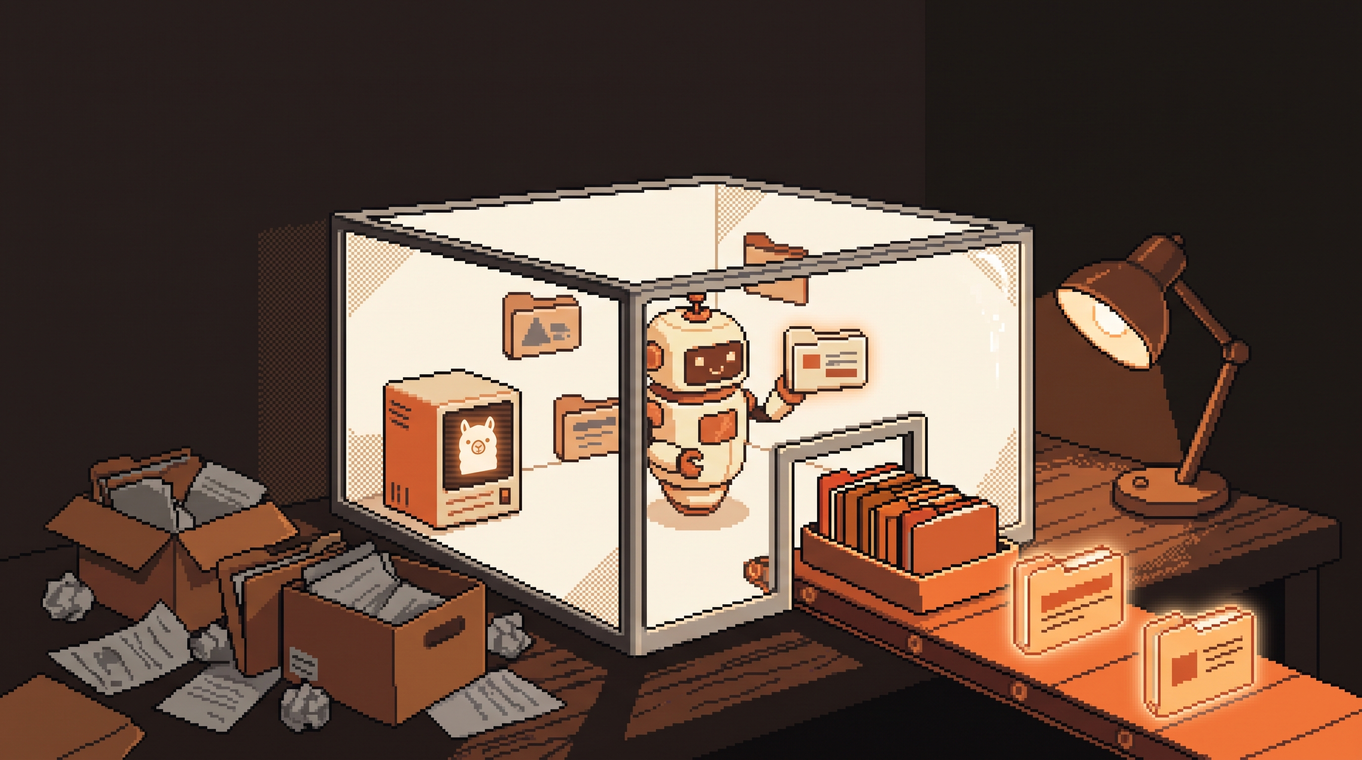 Pixel art hero — a robot clerk sorts glowing folders inside a sealed glass sandbox on a home desk while a messy pile waits outside and sorted folders exit through a mail slot on an ember conveyor, an Ollama llama glowing on the server screen inside (artwork for "The Desktop AI Agent That Touches Your Files")