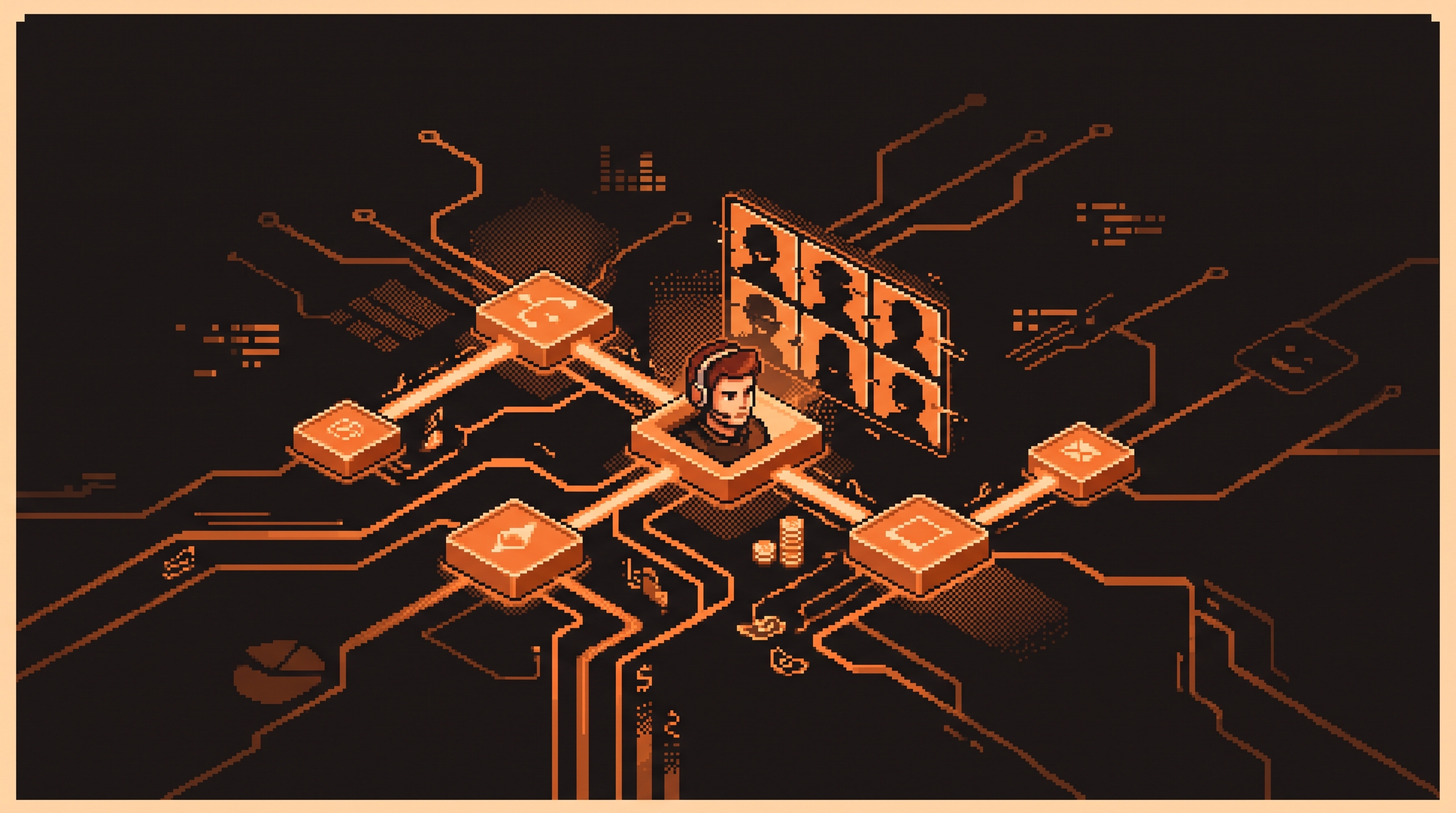 Pixel art hero illustration — an abstract landscape of circuit traces and connected workflow nodes (artwork for "Everyone on the Call Was Fake: The $25 Million Arup Deepfake Scam")