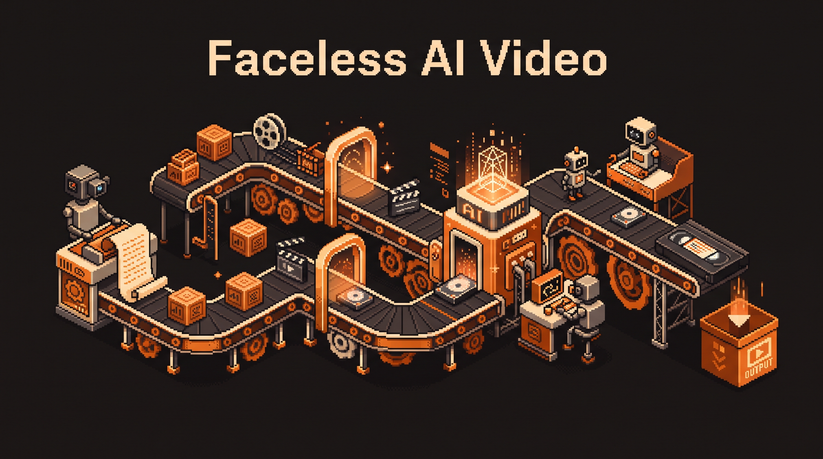 Pixel art hero illustration - a robot film crew on a conveyor line assembling a video cassette, in warm ember and charcoal tones (artwork for the faceless AI video workflow article)