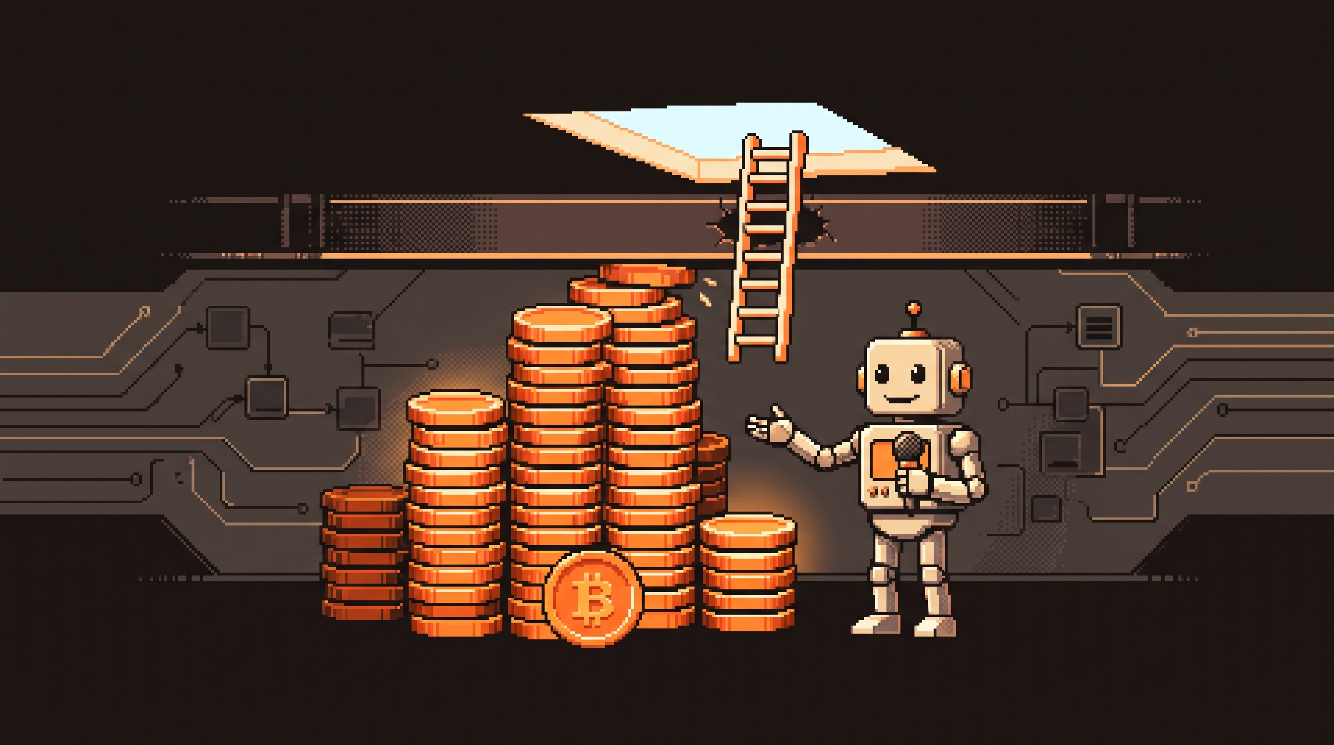 Pixel art hero illustration - a robot presenter in a retro television studio beside rising coin stacks blocked by a ceiling beam, with a ladder punching through into open sky, in warm ember and charcoal tones