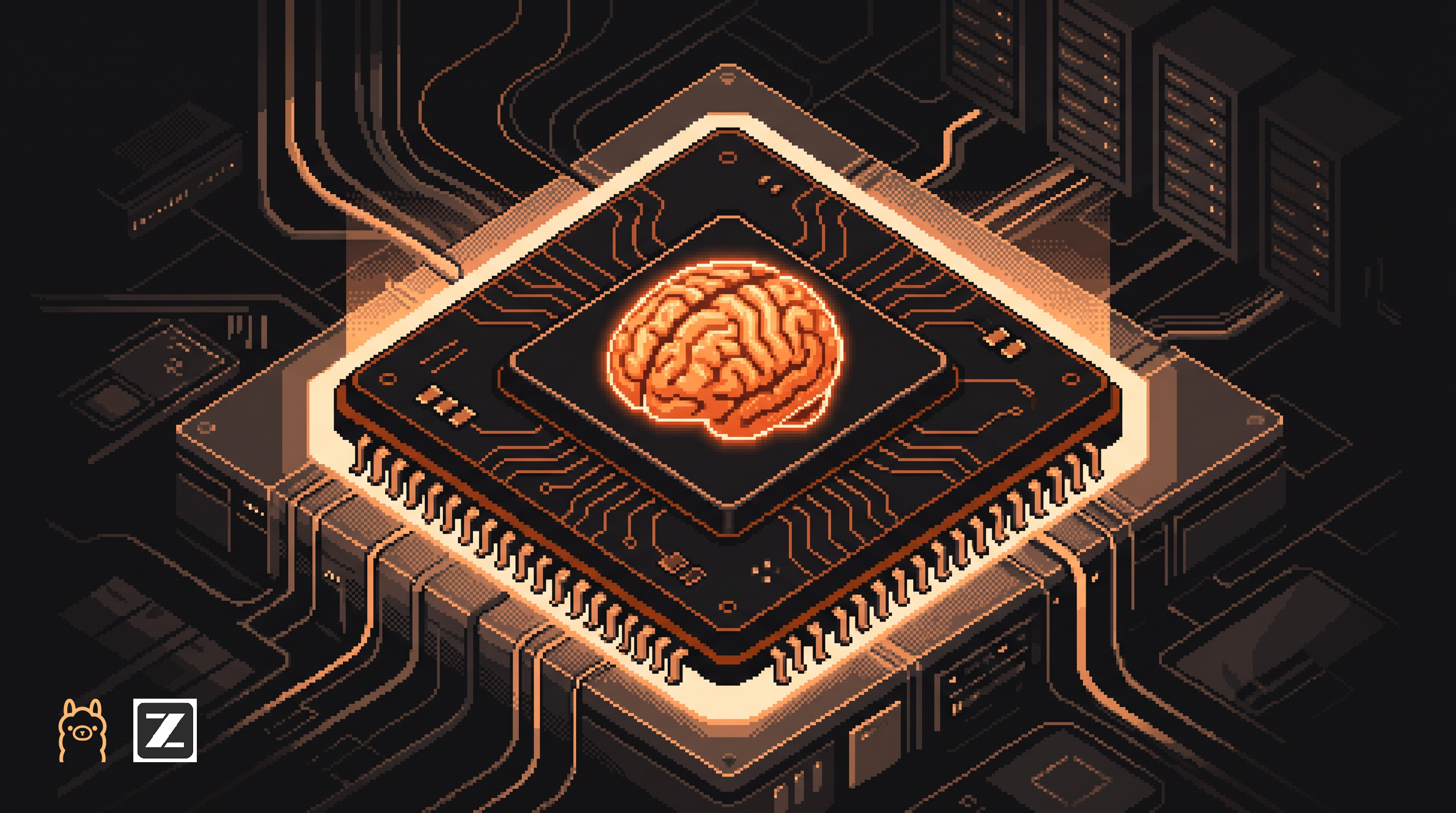 Pixel art hero illustration — a glowing pixel brain inside a computer chip (artwork for "GLM-5.2 Explained: Open-Weight AI That Runs on Your Terms")