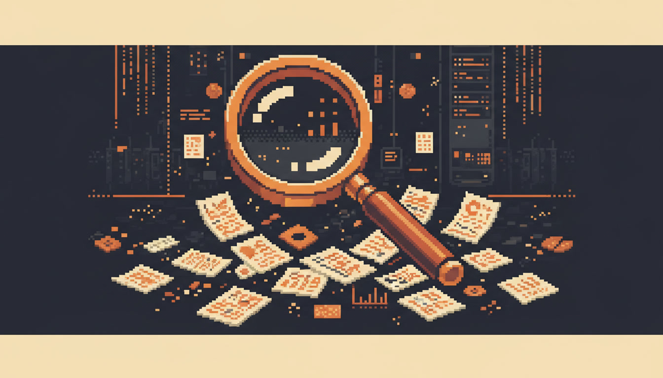 Pixel art hero illustration — a magnifying glass hovering over scattered pixel documents (artwork for "Reading Google Business Profile Insights: The Numbers That Matter")