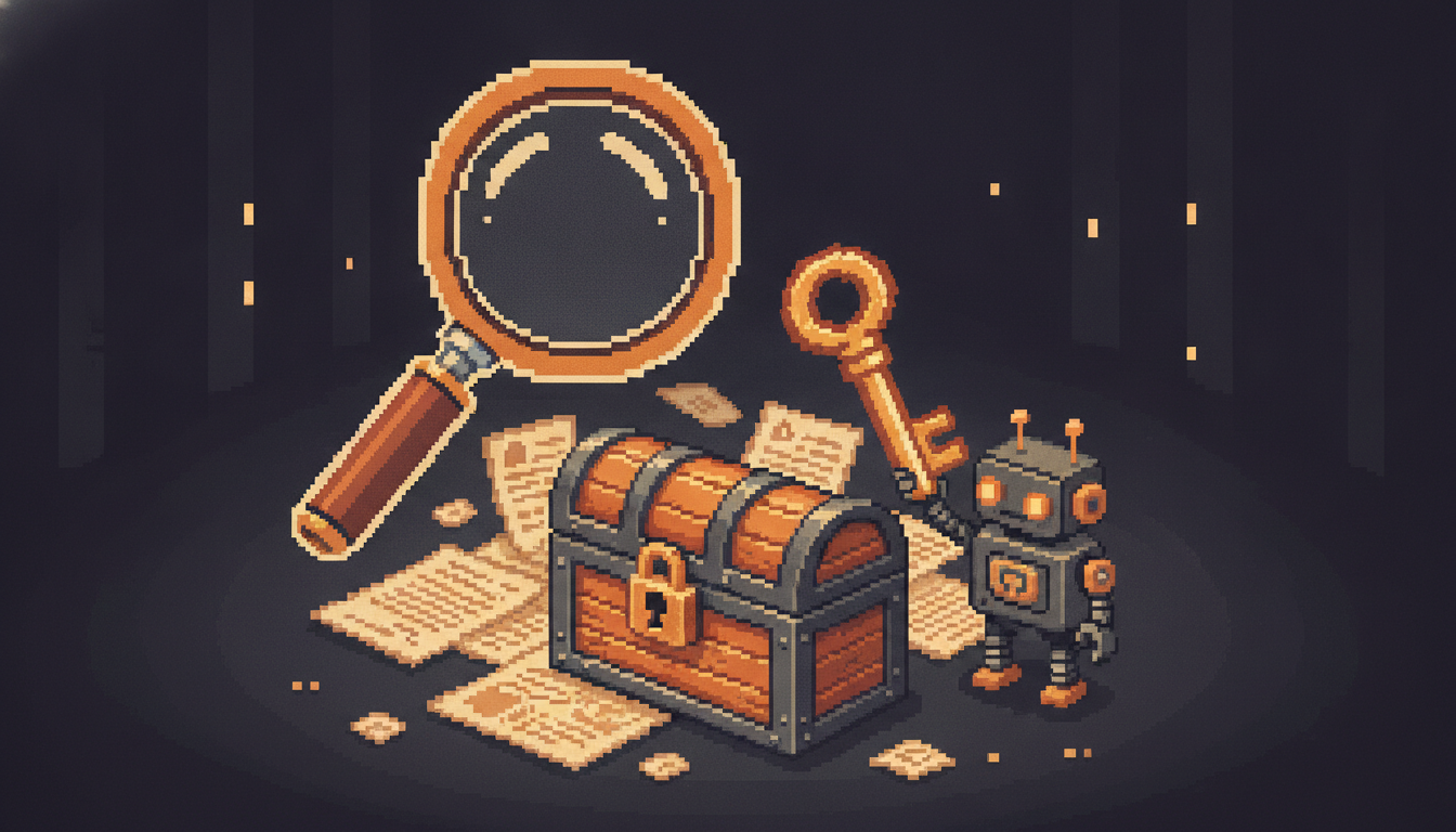 Pixel art hero illustration — a magnifying glass hovering over scattered pixel documents and a padlocked treasure chest with a key held by a robot (artwork for "Local SEO for Gyms and Fitness Studios: Winning the Trial Search")
