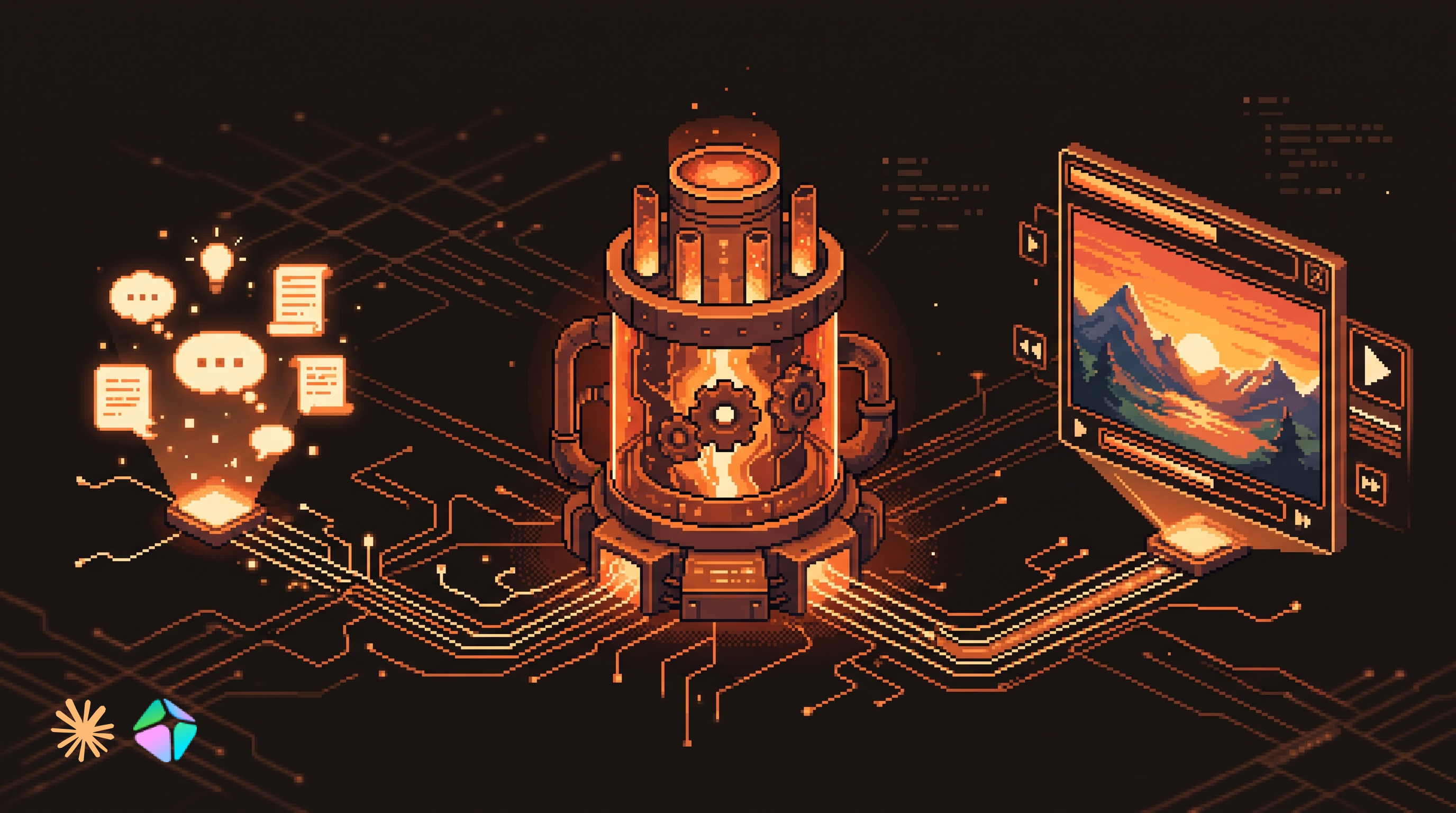 Pixel art hero illustration — an abstract landscape of circuit traces and connected workflow nodes (artwork for "Prompt-to-Video: Plain English to Finished MP4 With HyperFrames")
