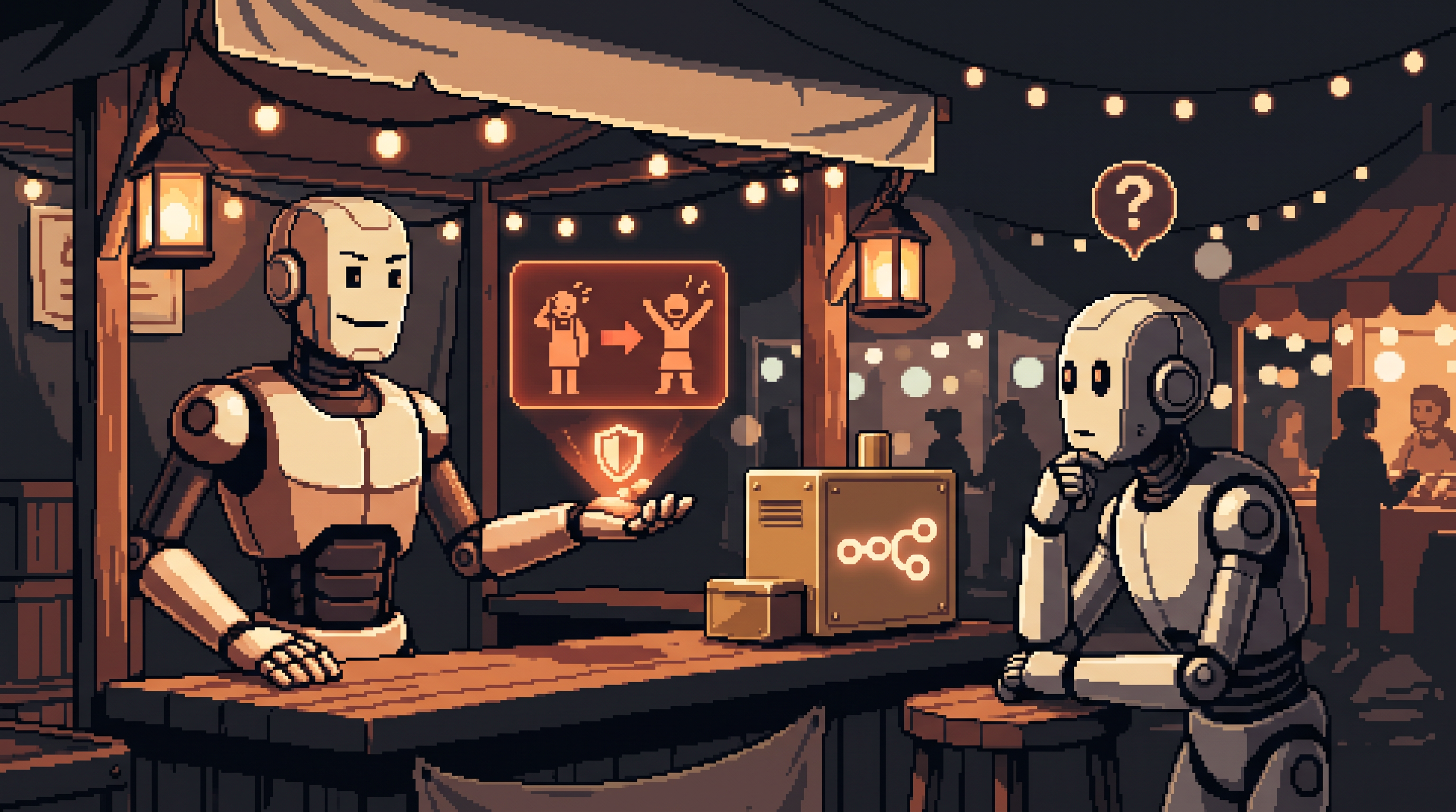 Pixel art merchant robot at a night bazaar presenting a glowing before-after transformation hologram with a guarantee shield while a curious customer robot asks questions, n8n chain-knot logo on a brass delivery machine