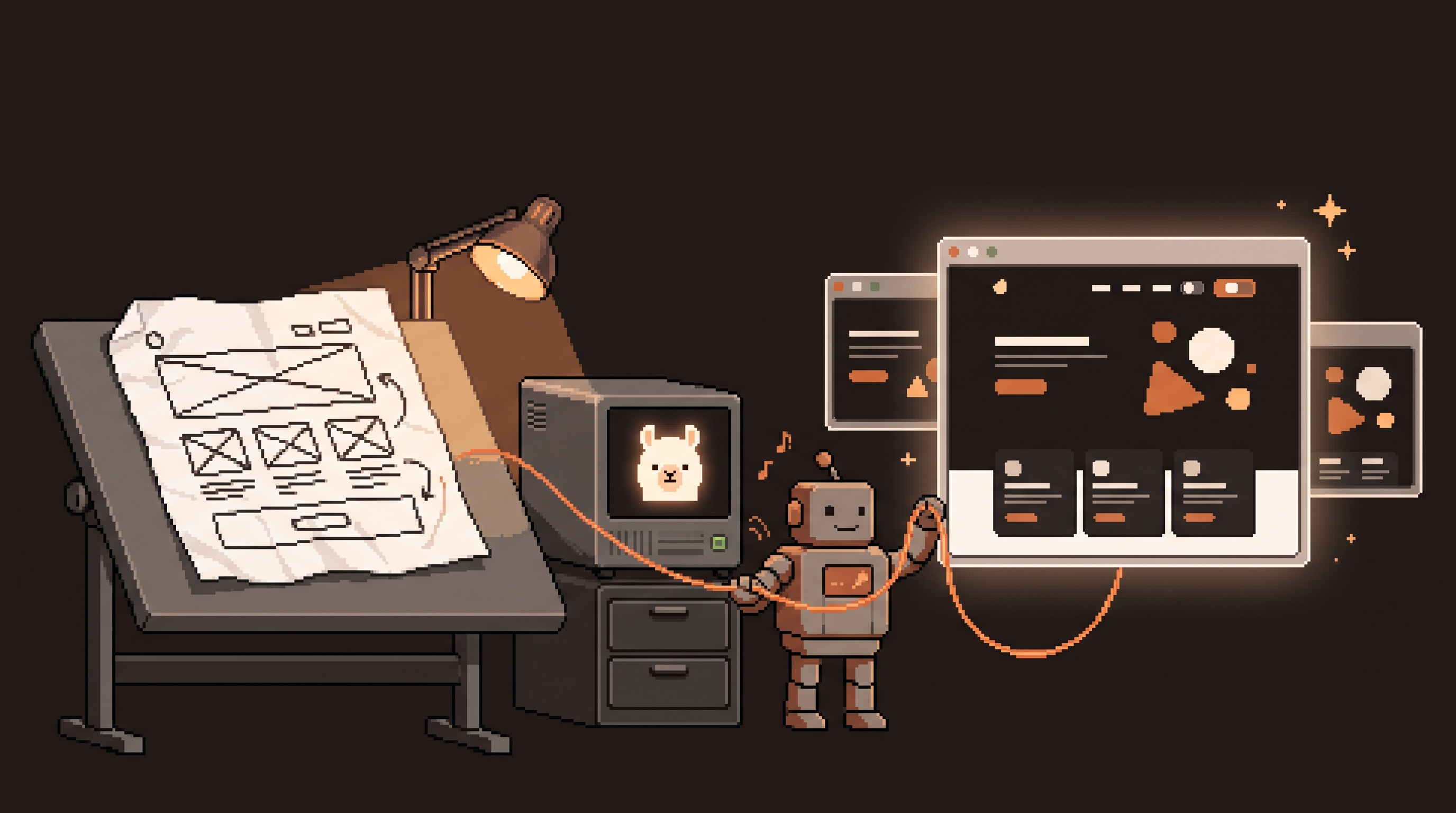 Pixel art hero — a robot guides a glowing ember thread from a crumpled napkin sketch through a home server into a large finished dark landing page floating in a browser frame, variant windows behind, the Ollama llama glowing on the server screen (artwork for "Idea to Working Prototype on a Local Stack")