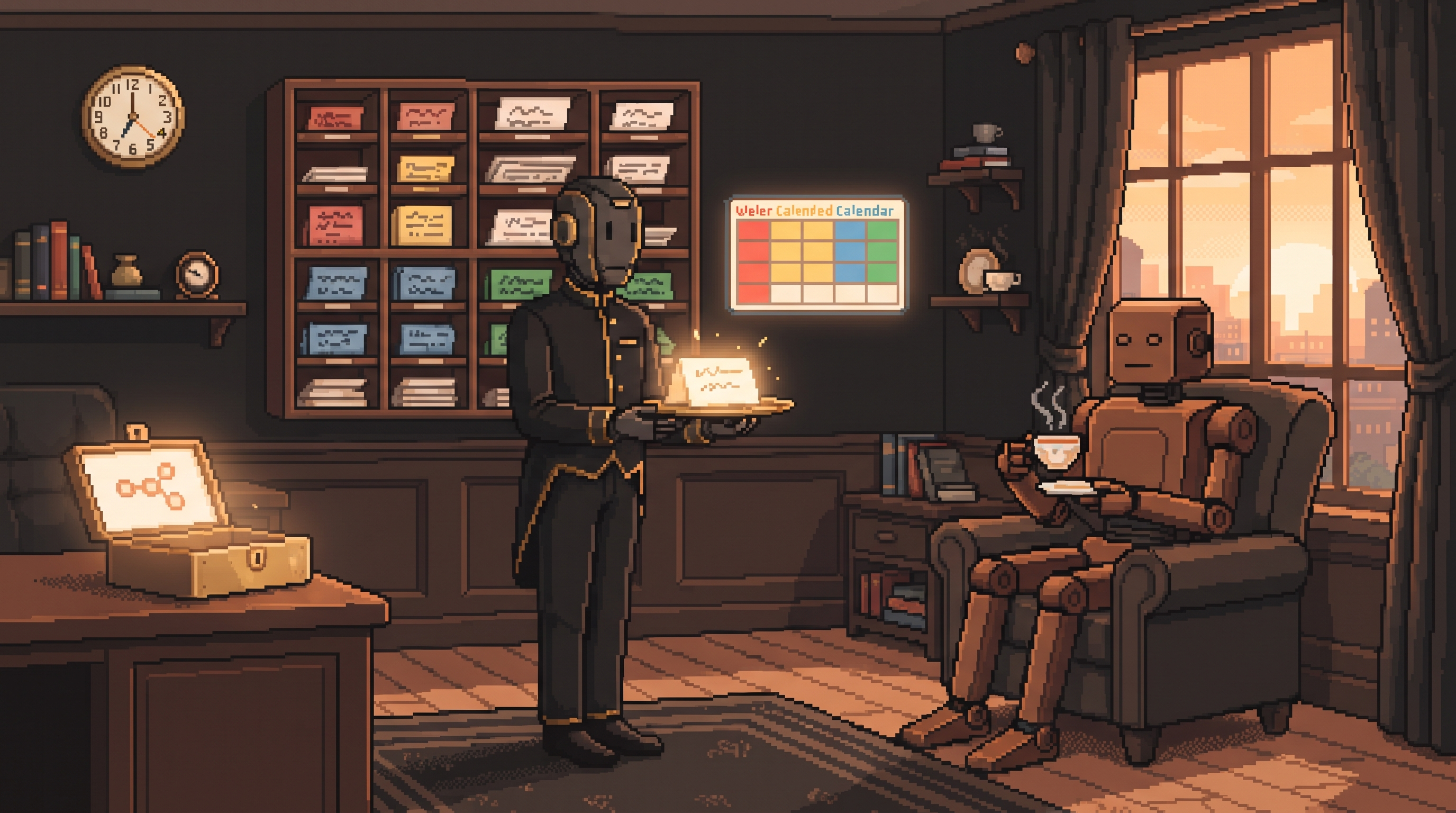 Pixel art butler robot presenting a glowing morning briefing card on a tray to an executive robot at sunrise, sorted pigeonholes and color-coded calendar wall behind, n8n chain-knot logo on a brass dispatch box