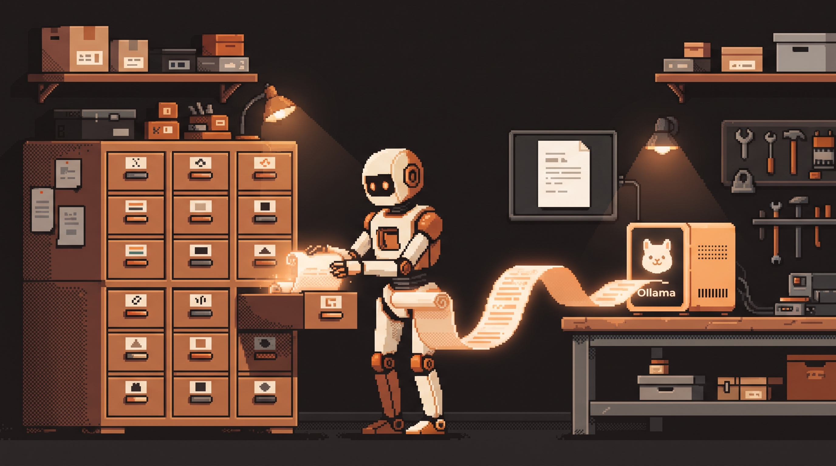 Pixel art hero — a robot librarian files glowing instruction scrolls into a modular cabinet while one scroll unrolls into light-steps running on a home server tower bearing the Ollama llama glyph (artwork for "Instruction Packages for Local Models")