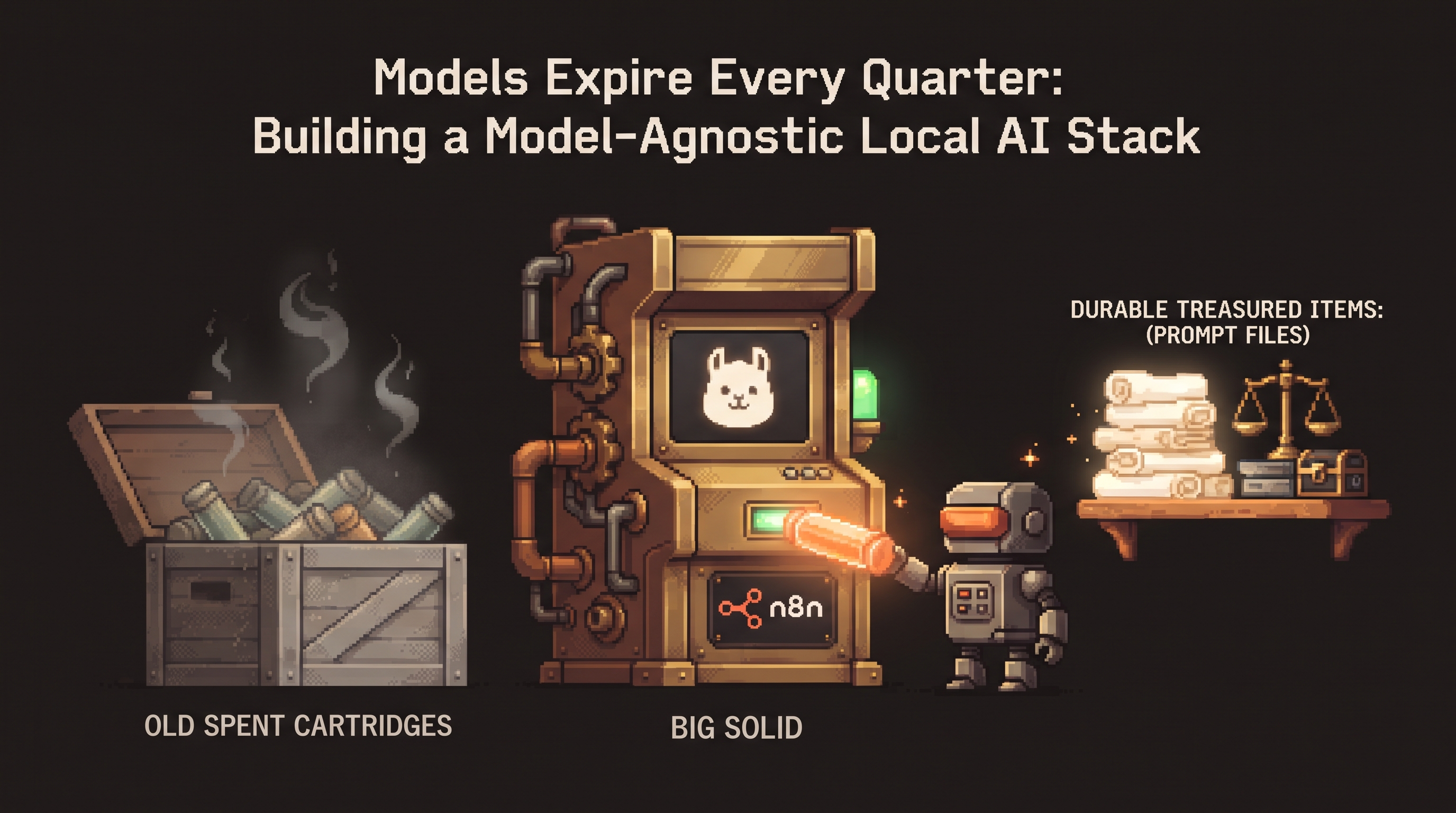 Pixel art hero — a robot librarian slides a bright new glowing model cartridge into one sturdy brass workshop machine while dim spent cartridges pile in a crate and treasured scroll files stay polished on a shelf, the Ollama llama on the status screen and the n8n chain-knot on the routing panel (artwork for "Models Expire Every Quarter")