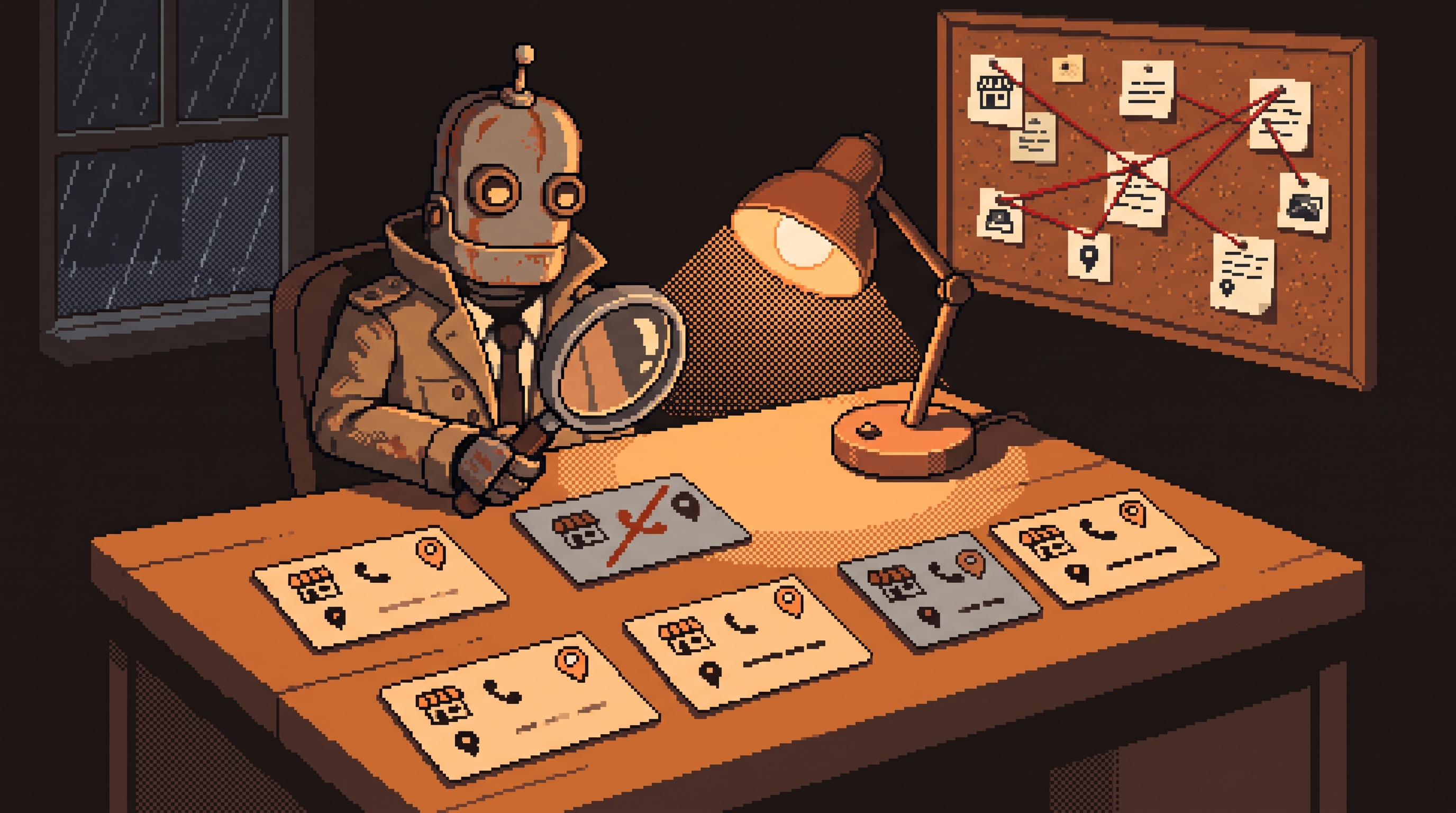 Pixel art hero — a detective robot at a rain-lit night office examines a lineup of shop identity cards under a magnifying glass, most glowing in agreement with tiny map-pin emblems while two mismatched cards sit dim with error marks, a red-string corkboard behind (artwork for NAP consistency and local citations)