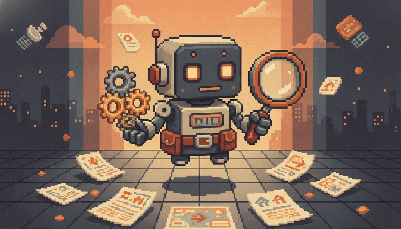 Pixel art hero illustration — a small robot assistant with a tool belt holding gears and a magnifying glass hovering over scattered pixel documents (artwork for "Local SEO for Real Estate Agents: The Moving Target Problem")