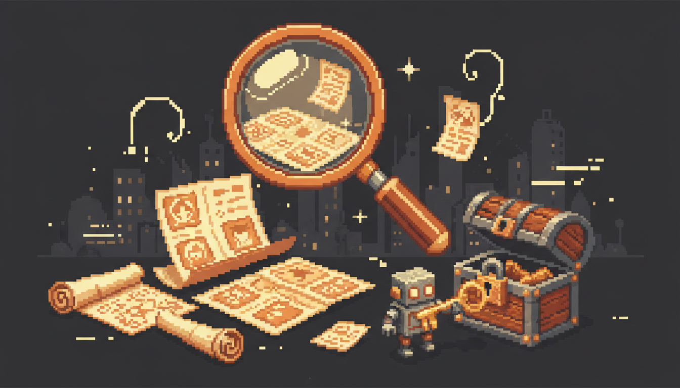 Pixel art hero illustration — a magnifying glass hovering over scattered pixel documents and a padlocked treasure chest with a key held by a robot (artwork for "Local SEO for Salons: Winning the Near Me Beauty Search")