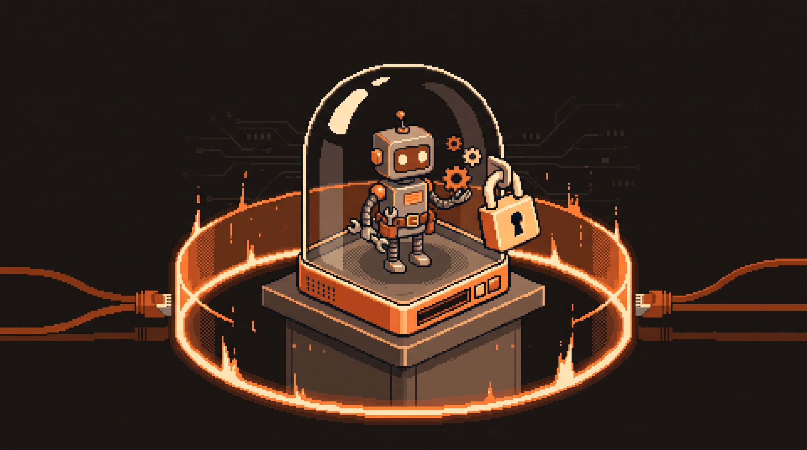 Pixel art hero illustration - a robot sealed inside a glass-domed microVM computer with a padlock, network cables stopped at a glowing perimeter wall, in warm ember and charcoal tones