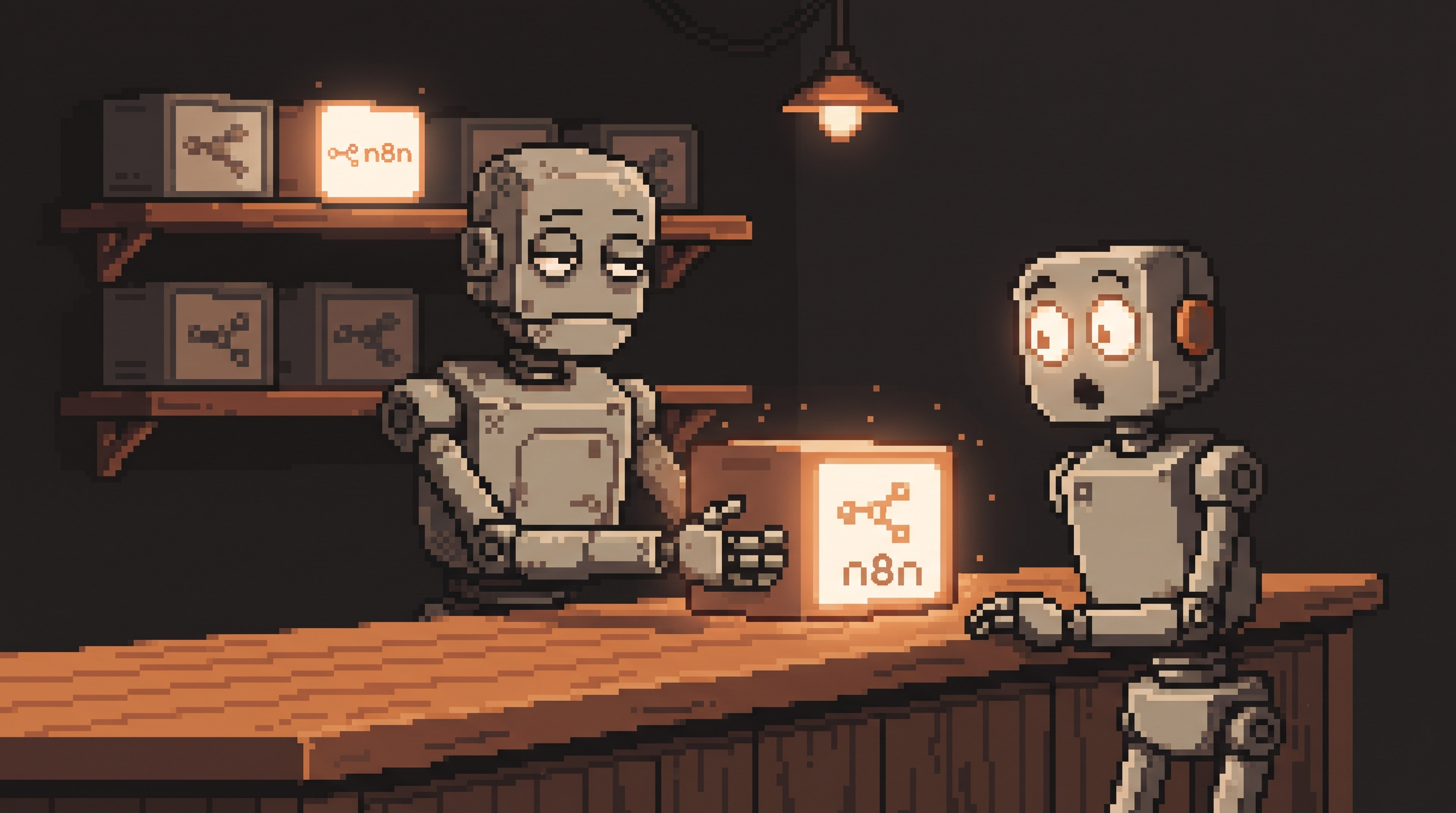Pixel art craftsman robot calmly handing a glowing machine box with an n8n logo to an amazed customer robot in a workshop