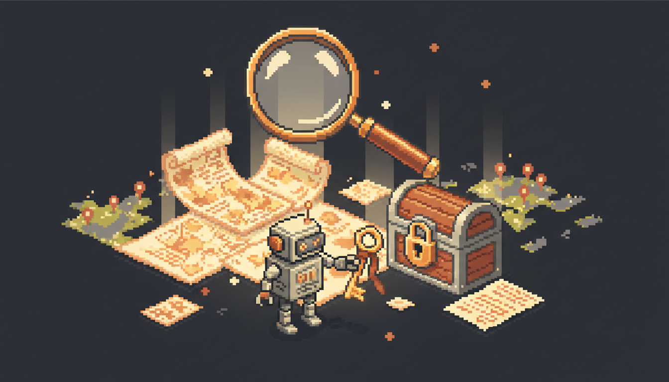 Pixel art hero illustration — a magnifying glass hovering over scattered pixel documents and a padlocked treasure chest with a key held by a robot (artwork for "No Shop? No Problem: Local SEO for Service-Area Businesses")