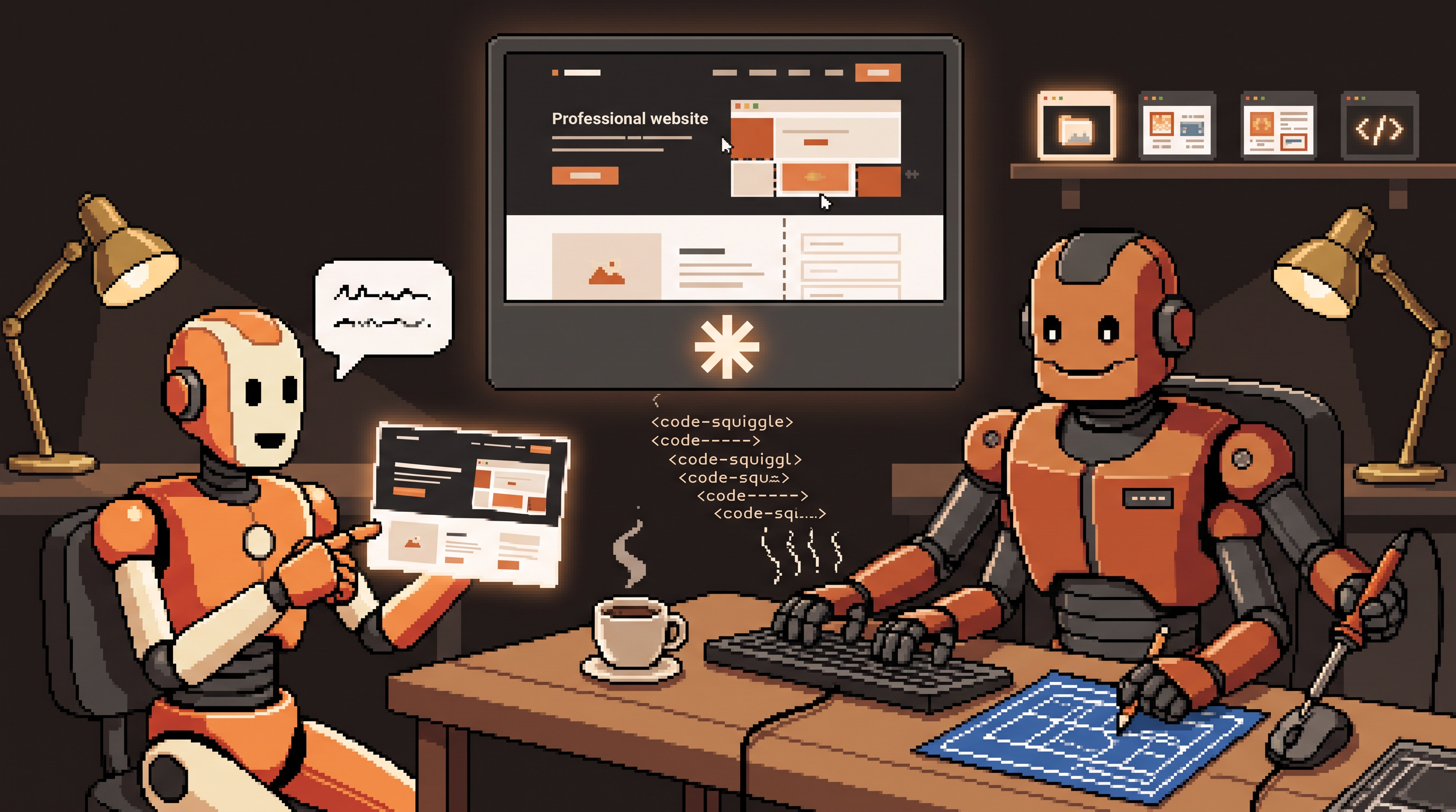 Pixel art non-programmer robot directing with a glowing website screenshot while a four-armed engineer robot assembles a polished site live on a floating monitor, Claude asterisk-star logo on the monitor bezel