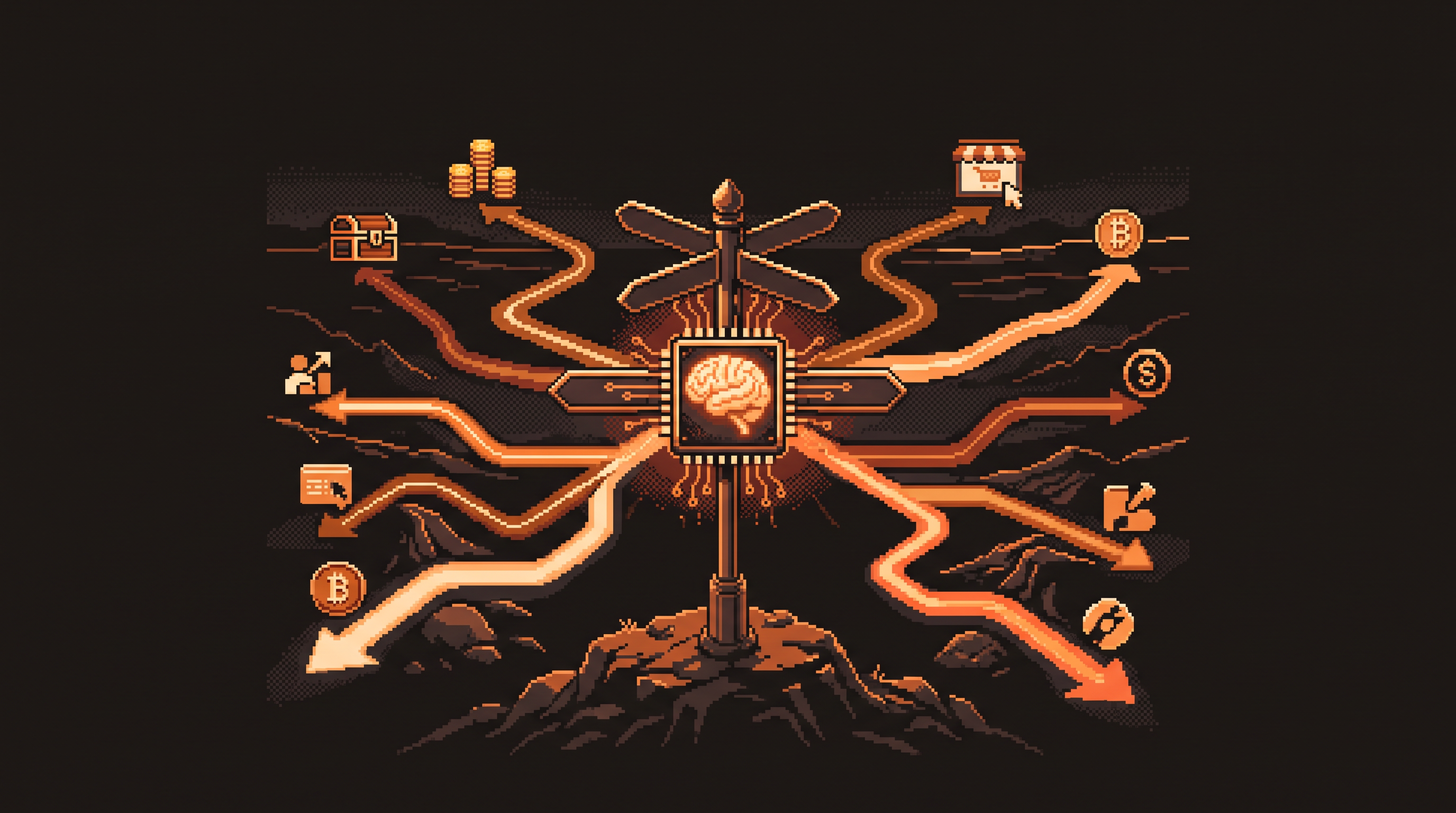 Pixel art hero illustration - a crossroads signpost on a hilltop with twelve glowing pixel paths branching away and a small brain-chip emblem on the signpost, in warm ember and charcoal tones